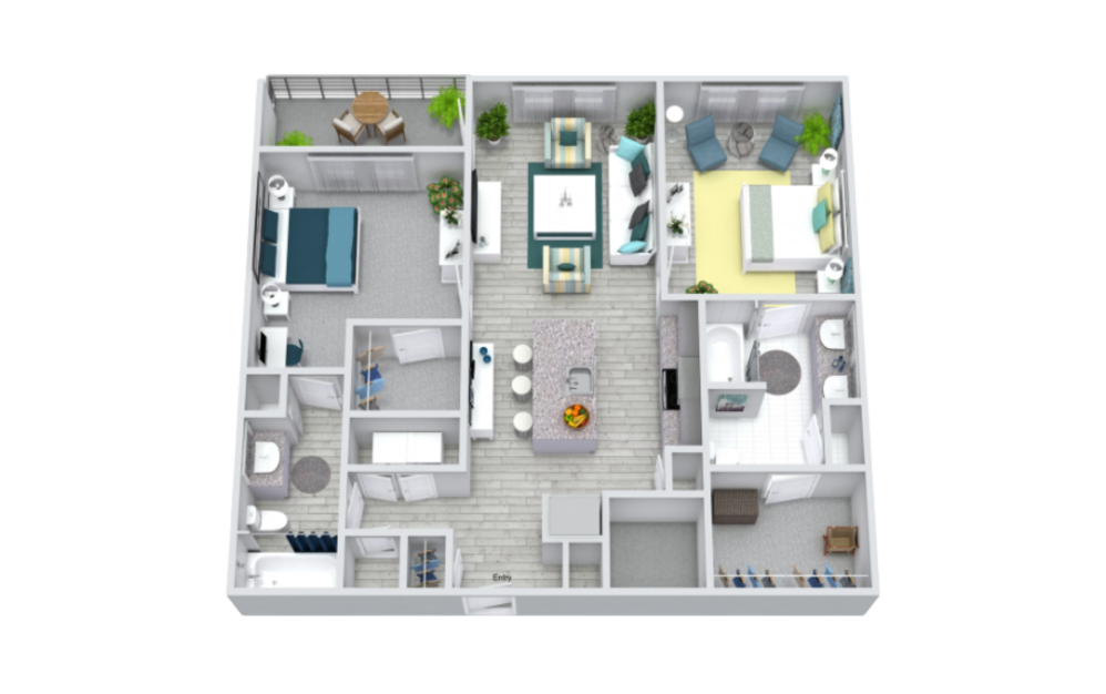 B1F - 2 bedroom floorplan layout with 2 bathrooms and 1055 square feet